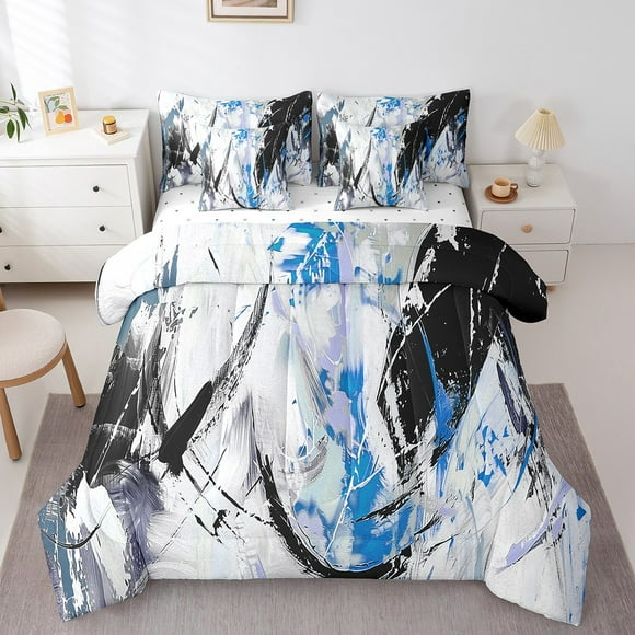 YST 7 Piece Boys Black Blue Bedding Sets Queen Abstract Graffiti Comforter Set For Kids Grunge Oil Painting Watercolor Stripes Bed In A Bag With Sheets Modern Fashion Reversible Bed Set