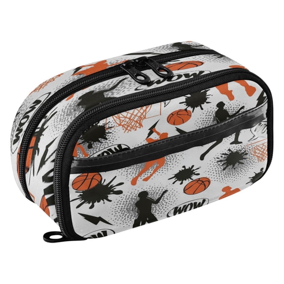 Large Pencil Pen Case Capacity PVC Pencil Pouch Makeup Bag for Women Man, White Orange BasketballPrinted