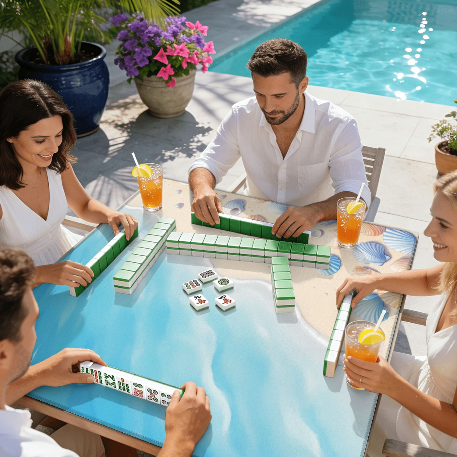Mahjong Mat 31.5" x 31.5" Colorful Seashells Sandy Beach Gentle Ocean Waves Non-Slip Noise Reduction American Mahjong Tiles Table Cover for Dominoes Poker Card Board Games Gift