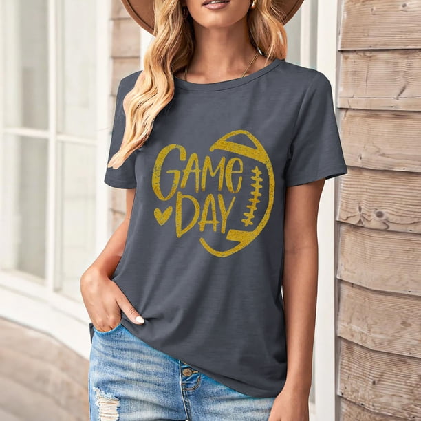 Karight Football Shirts for Women Game Day T Shirts Football Outfits Funny Graphic Tee Casual Short Sleeve Tee Shirts