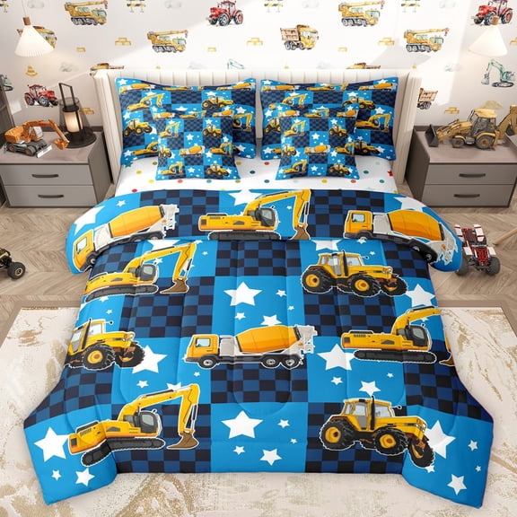Homewish Boys Girls Yellow Truck Twin Bedding Sets 7-Piece,Cartoon Car Bedding Comforter Set Microfiber,Geometric Plaid Grid Breathable Sheet Sets,Super Cozy Room Decor,Reversible