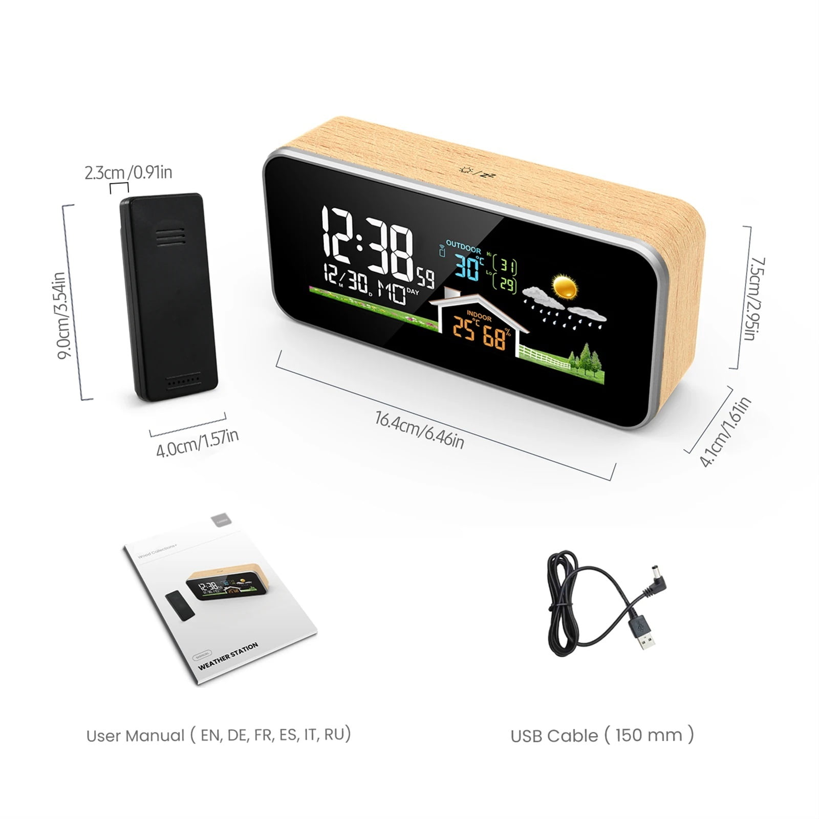 Wireless Weather Station Wooden Alarm Clock Digital Thermometer Humidity Temperature Wireless Sensor Home TimeWatch Desktop #30 ,High Precision