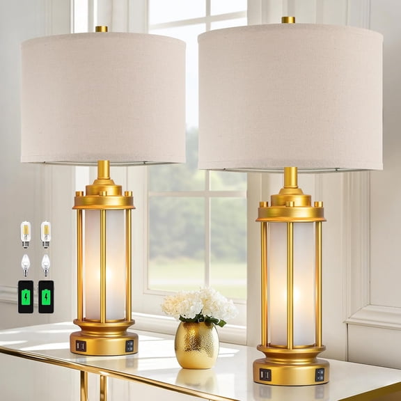 ZJQYDS Set of 2 Modern Table Lamps for Living Room, Farmhouse Vintage Bedside Lamp with 2 USB Ports Glass Nightlight, Gold Nightstand Desk Lamps for Entryway Bedroom Dresser, 4 Bulbs Included