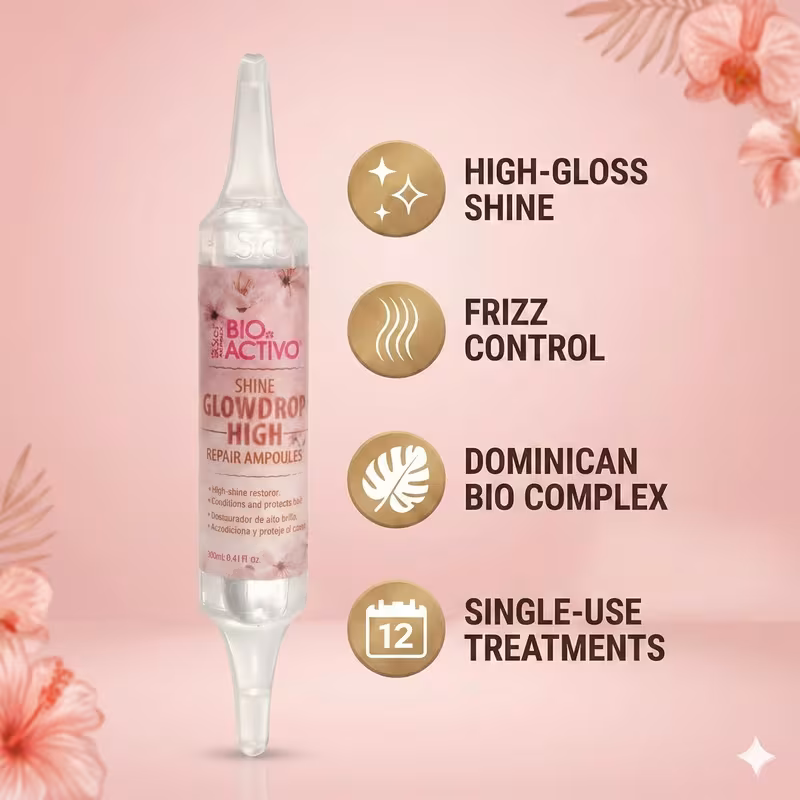 Bio Activo GlowDrop High Shine Hair Conditioner Ampoules – 12 pack Dominican Treatment for Intense Shine & Frizz Control, Leave-In Hair Ampoules