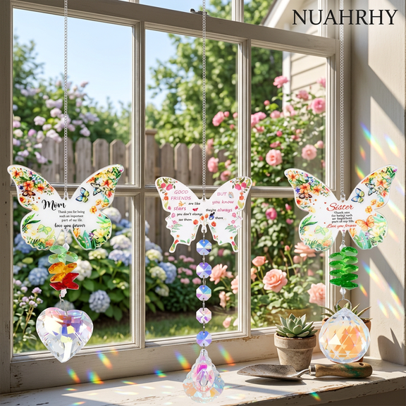 NUAHRHY 3Pcs Butterfly Crystal SunCatcher, Hanging Crystals Ornament Prisms with Chain, Indoor Rainbow Maker for Window Garden Patio Home