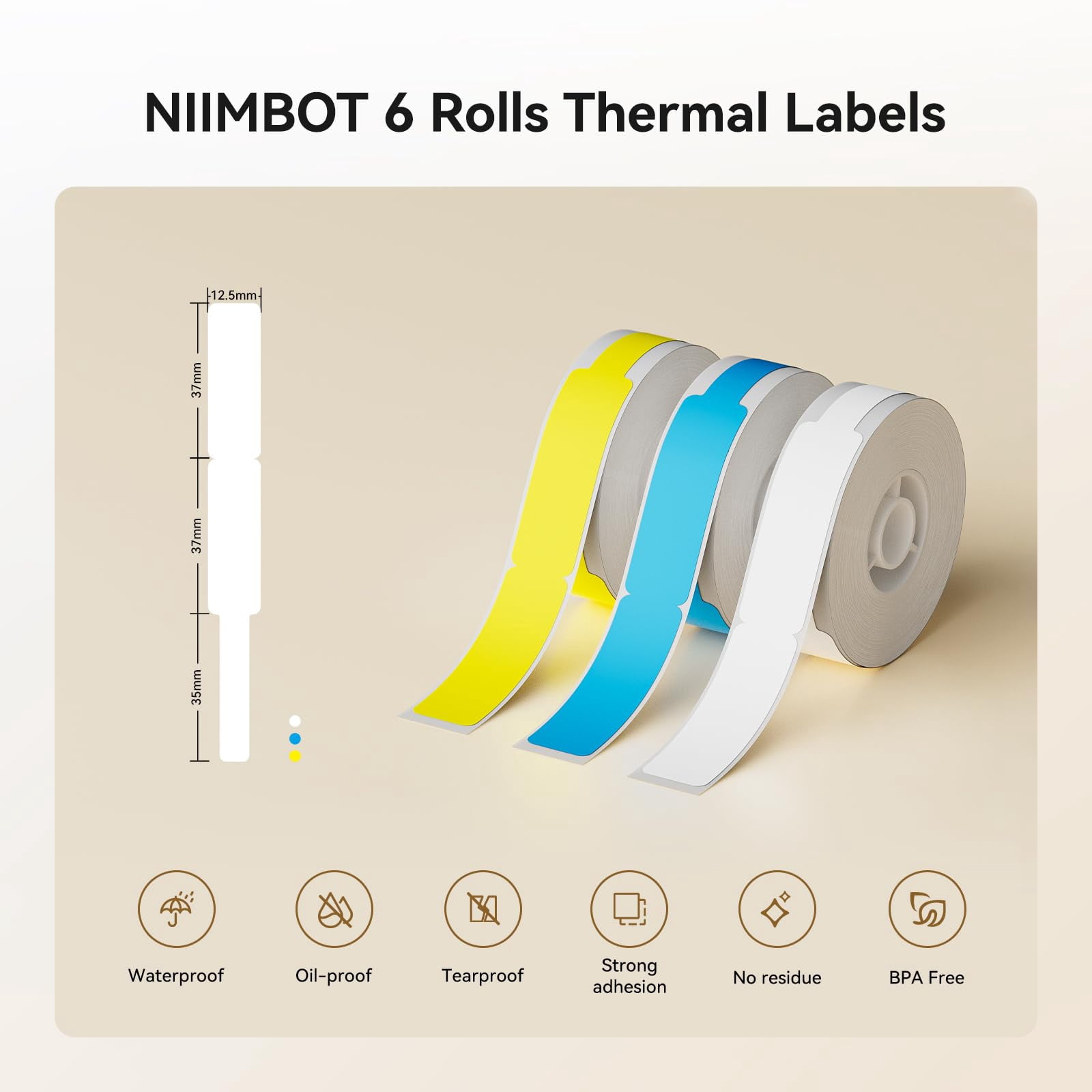 NIIMBOT 6 Rolls Labels for D11/D110/D101 Label Printer, Thermal Labels 12x 109mm/6 Rolls for Home Office School(White&Blue&Yellow)