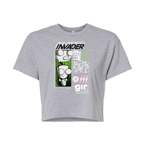 Invader ZIM - GIR Holding a Pig in the Air - Juniors Cropped Cotton Blend T-Shirt