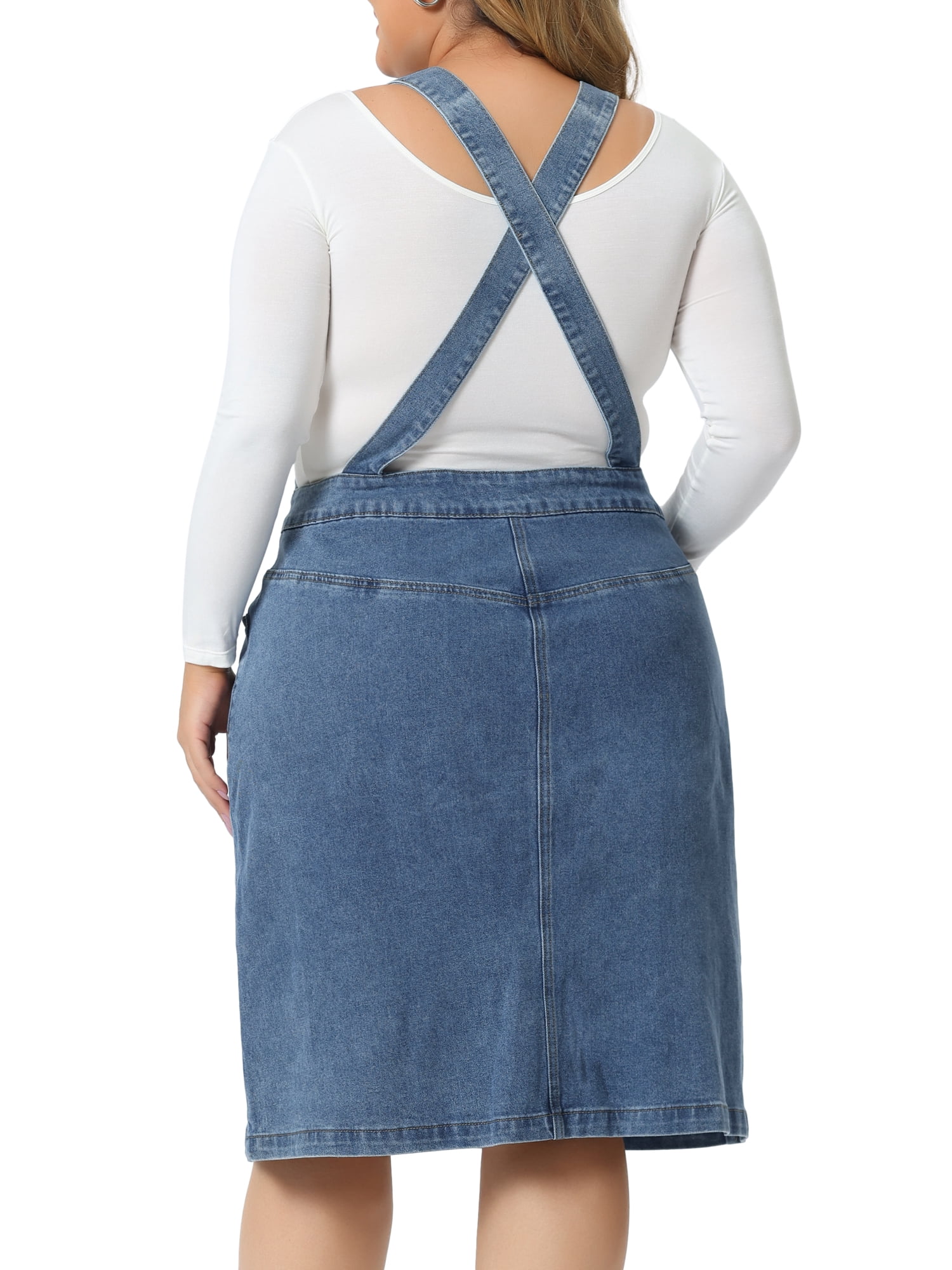 DARING DIVA Plus Women's Size Denim Button Front Adjustable Strap Skirt 2X Gray Blue