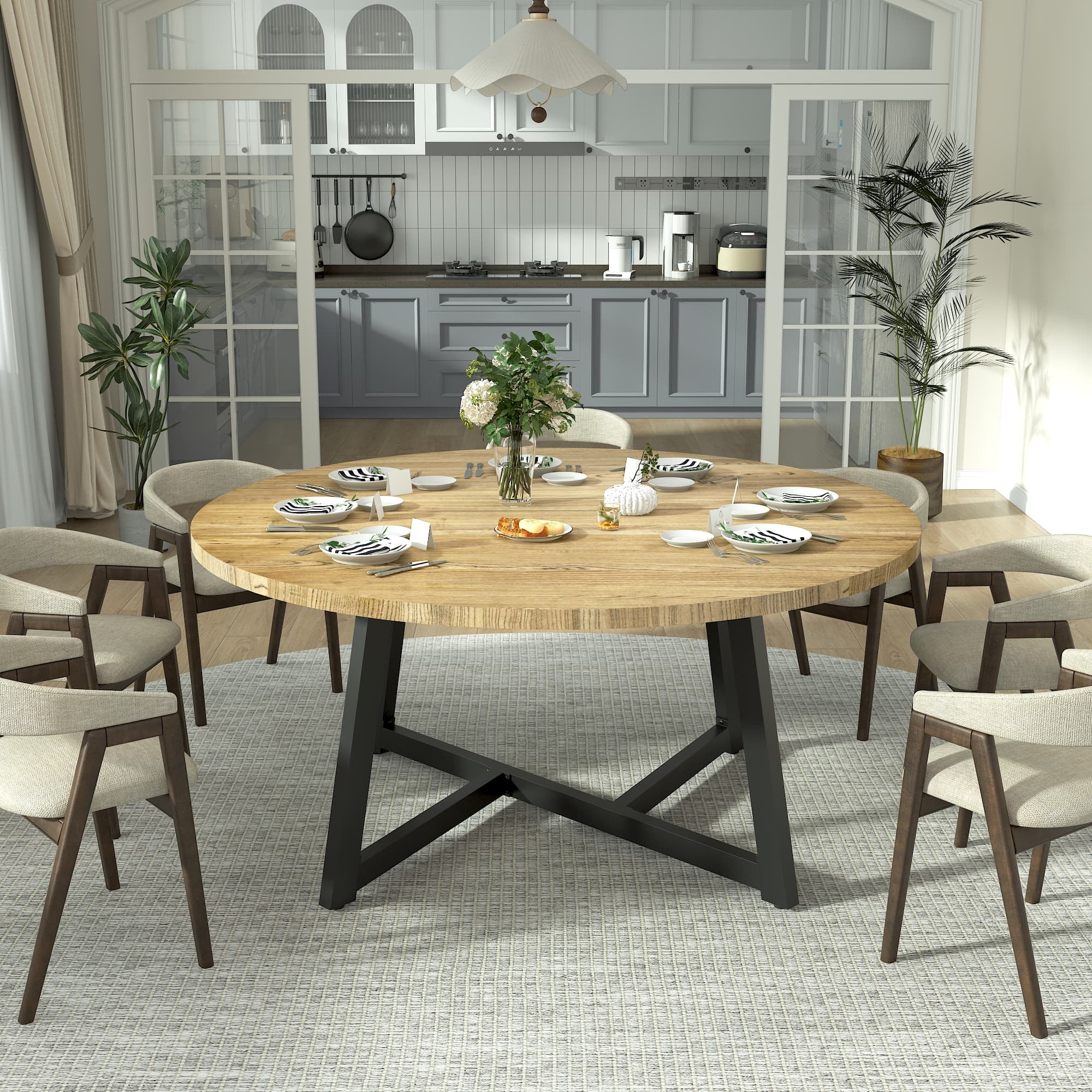 Large 59 Inch Round Dining Table – Brown Distressed Wood With Metal Pedestal Base, Seats 6-8