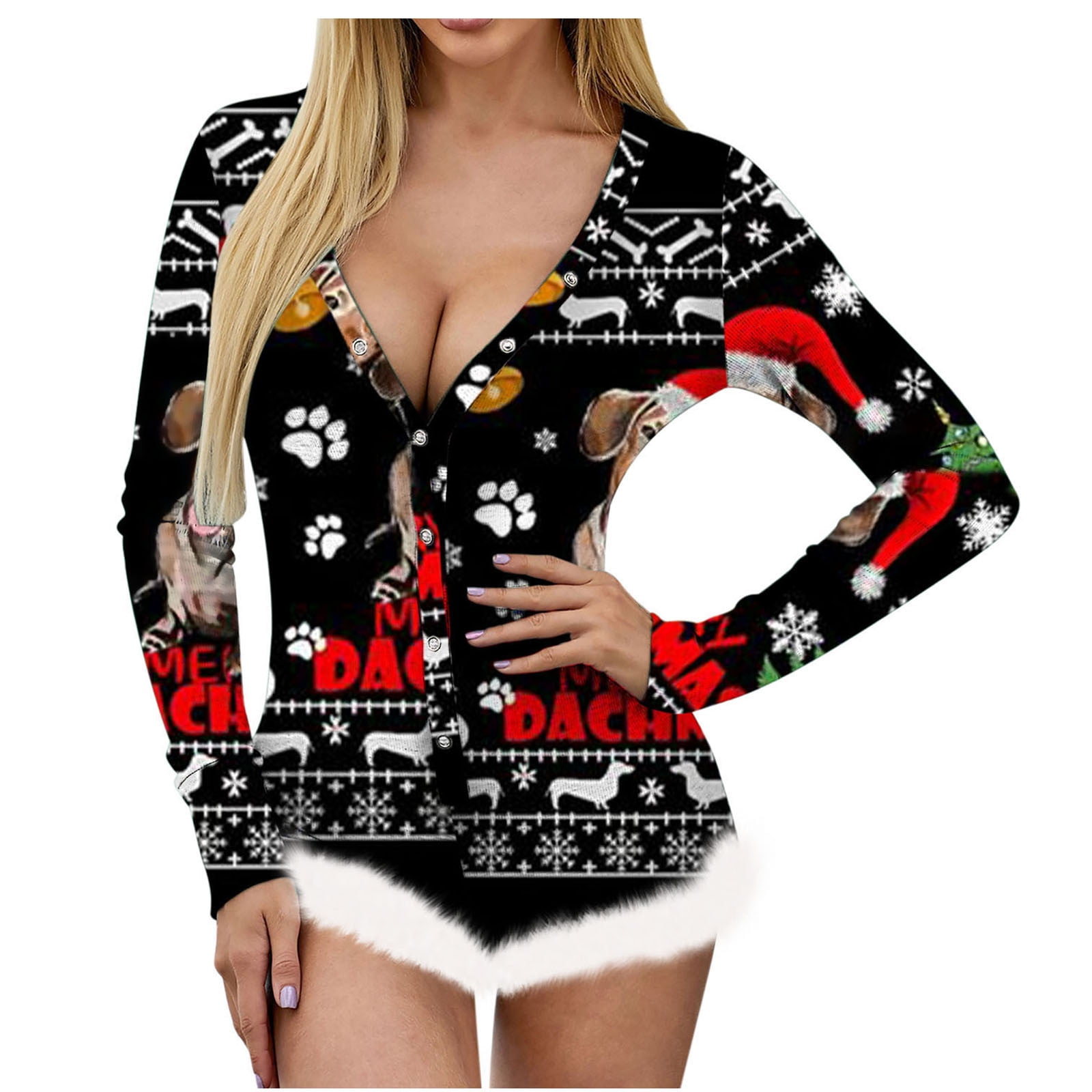 Xzngl Lingerie For Women Sexy Christmas Pajamas Women Women s Christmas Print V Neck Backless Feather Detail Long Sleeve Sexy Bodysuit Sexy Lingerie P