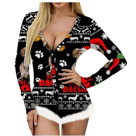 

SELONE Pajamas for Women Plus Size Lingerie Long Sleeve Backless Tight ’s Christmas Not Positioned Print V Neck Feather Detail Lingerie for Valentines Day Anniversary Wedding Honeymoon Black XL