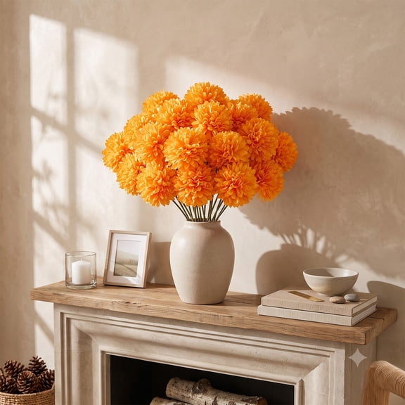 Luoshdecor 10 PCS Halloween Decorations Artificial Flowers,Chrysanthemum Bouquets for Halloween Party Home Table Centerpieces Vase Decor,Orange