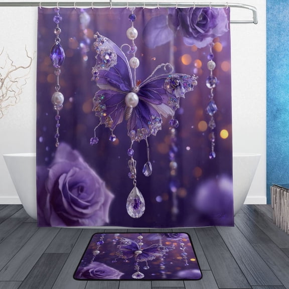 Bath Curtain & 60x72in Non-Slip Bath Mat Set 12-Grommet Shower Curtain Memory Foam Bath Rug Purple Butterfly Pattern