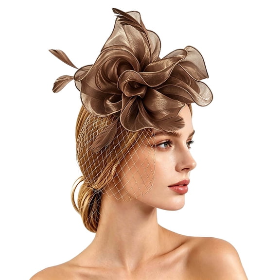 Ladies Floral Fascinator Hat with Net and Feather Vintage Cocktail Party Headpiece For Bridal Evening Dinner Events