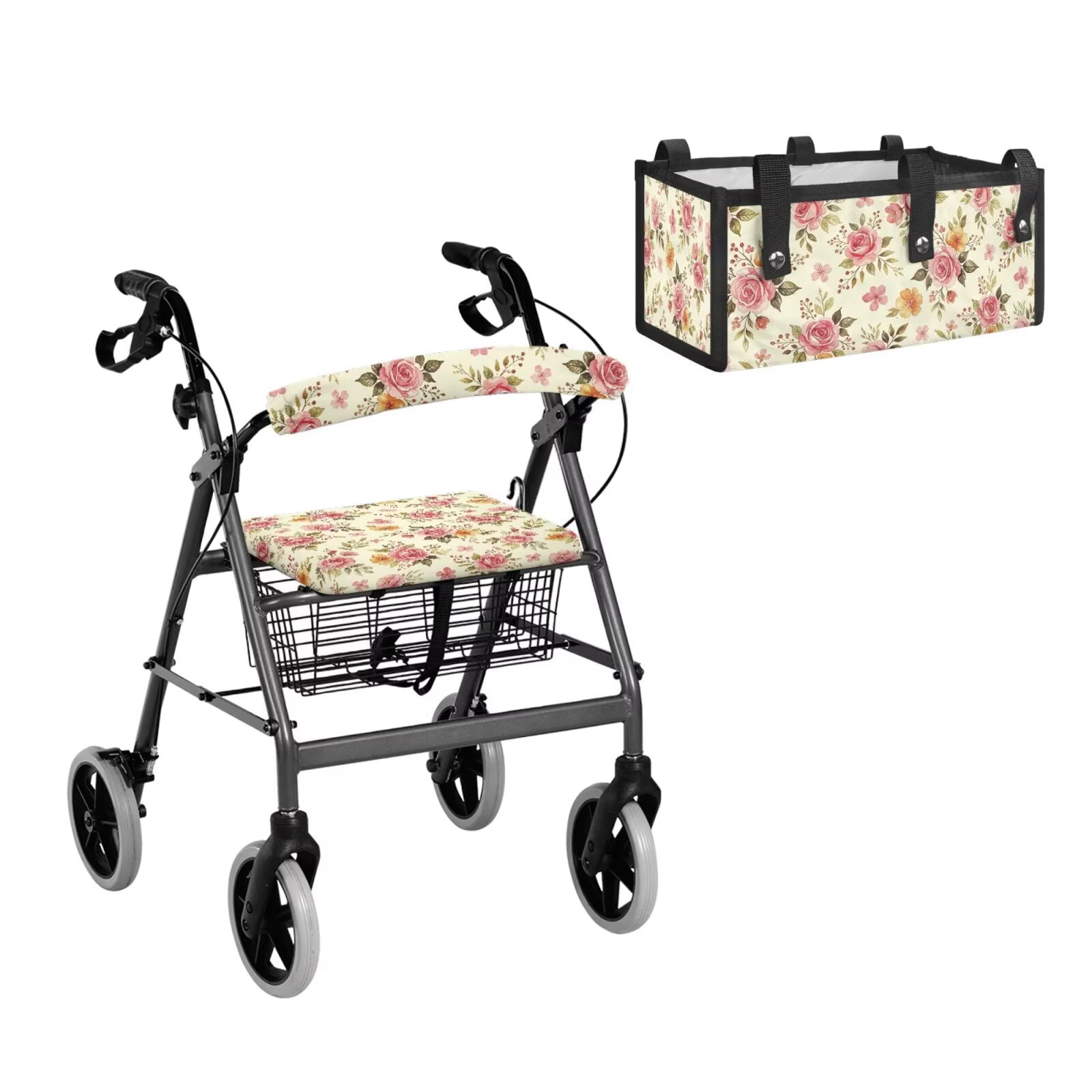 COEQINE Rollator Walker Seat and Backrest Covers with Storage Bag 3 Pieces Set, Universal Washable Rollator Walker Accessories Gifts for Seniors Ladies, Pink Beige Rose Floral
