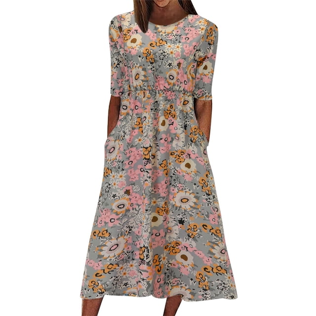 Ketyyh-chn99 Robes d'Été Grande Taille Robe Évasée Florale Robe T-shirt Décontractée Manches Longues Robe de Plage Boho Marron,m