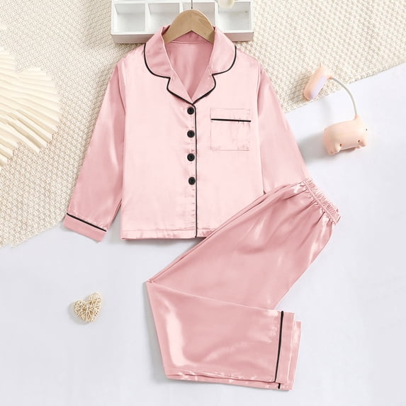 Curuila Children Girls Pajamas Set With Pocket Long Sleeve Solid Color Lapel Button Down Pjs Tops With Pants Soft Comfort Homewear Pink5 Size 8 Years