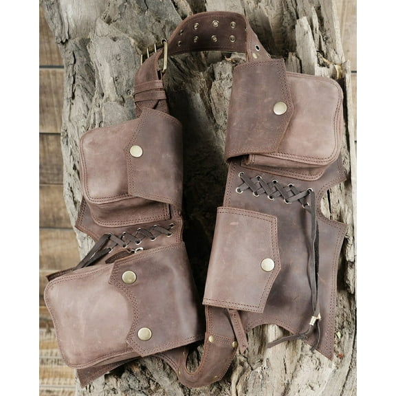 Vintage Style Leather Waist Belt with Pockets, Adjustable Fit 79-97 cm.