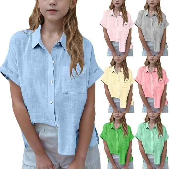 SEAOPEN Girls Cotton Linen Shirts Short Sleeve Button Down Shirts Children Summer Bohemian Rolled Sleeve Linen Tops Green,5-6