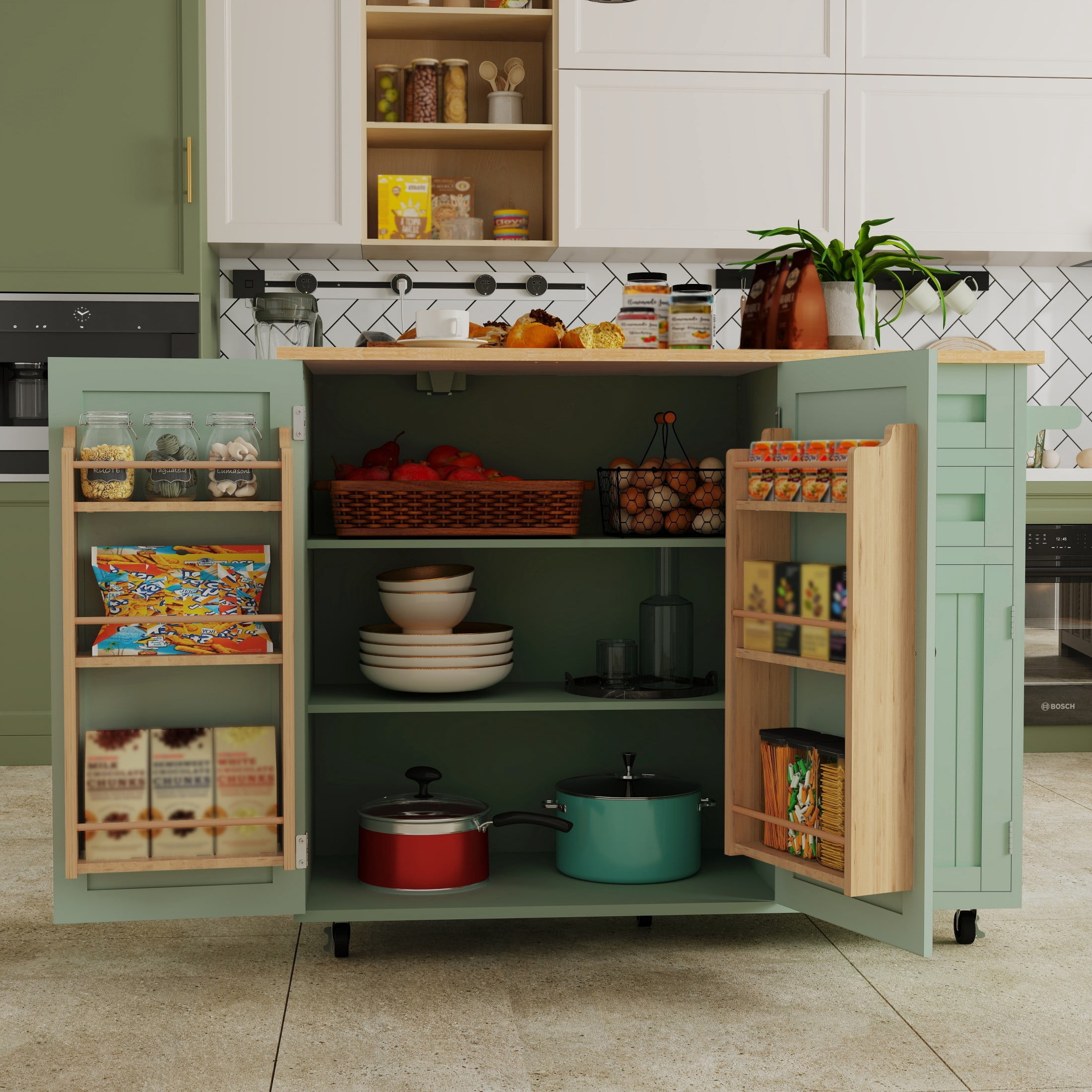 50.4" Kitchen Island with Storage,  Expandable Solid Wood Top Cart with Drop Leaf and Wheels, Green