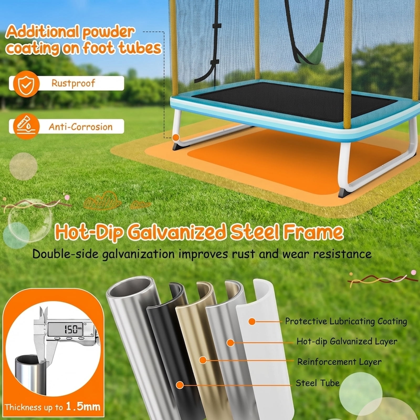 Redsmile 6 Feet Rectangle Trampoline with Swing Horizontal Bar and Safety Net-Yellow - Premium PE Safety Enclosure for Kids Outdoor Play