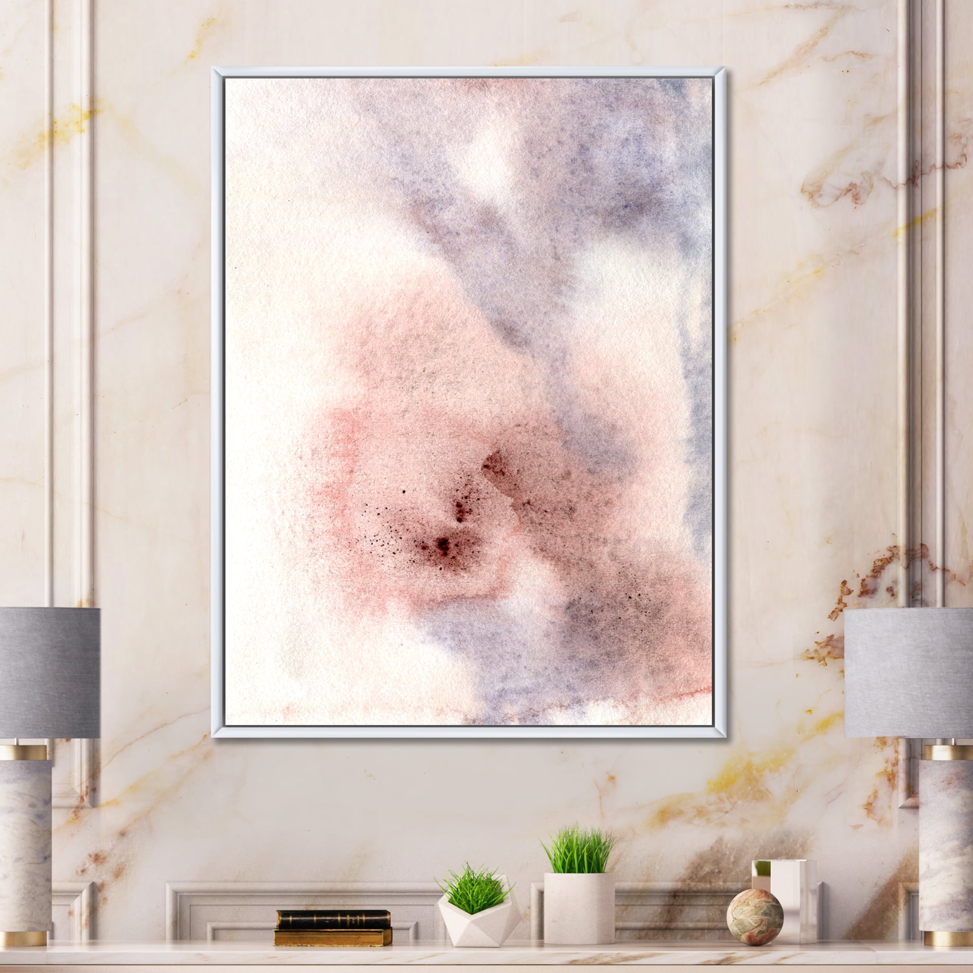 Designart 'Pastel Abstract With Pink Blue Beige and Red Spots' Modern Framed Canvas Wall Art Print