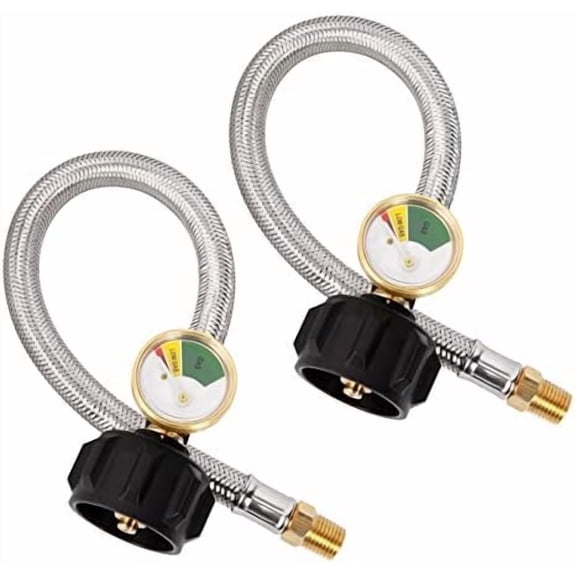RV Propane Hose with Gauge for Camper, 12 Inch Braided Propane Pigtail for Dual Stage Regulator, 1/4 Inch Male NPT x QCC1, 2 Pack$$Garden & Patio