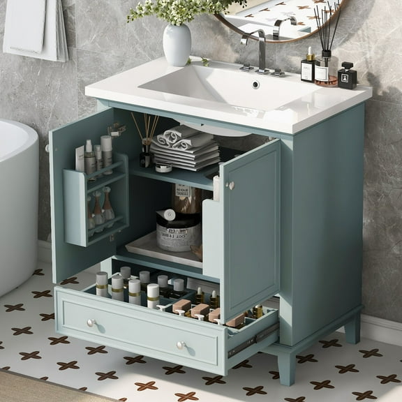 30 Inch Bathroom Vanity with Sink Combo and Wood Legs, Multi-functional Bathroom Cabinet with Adjustable Shelf and Doors, Freestanding Bathroom Vanities for Bathroom, Green