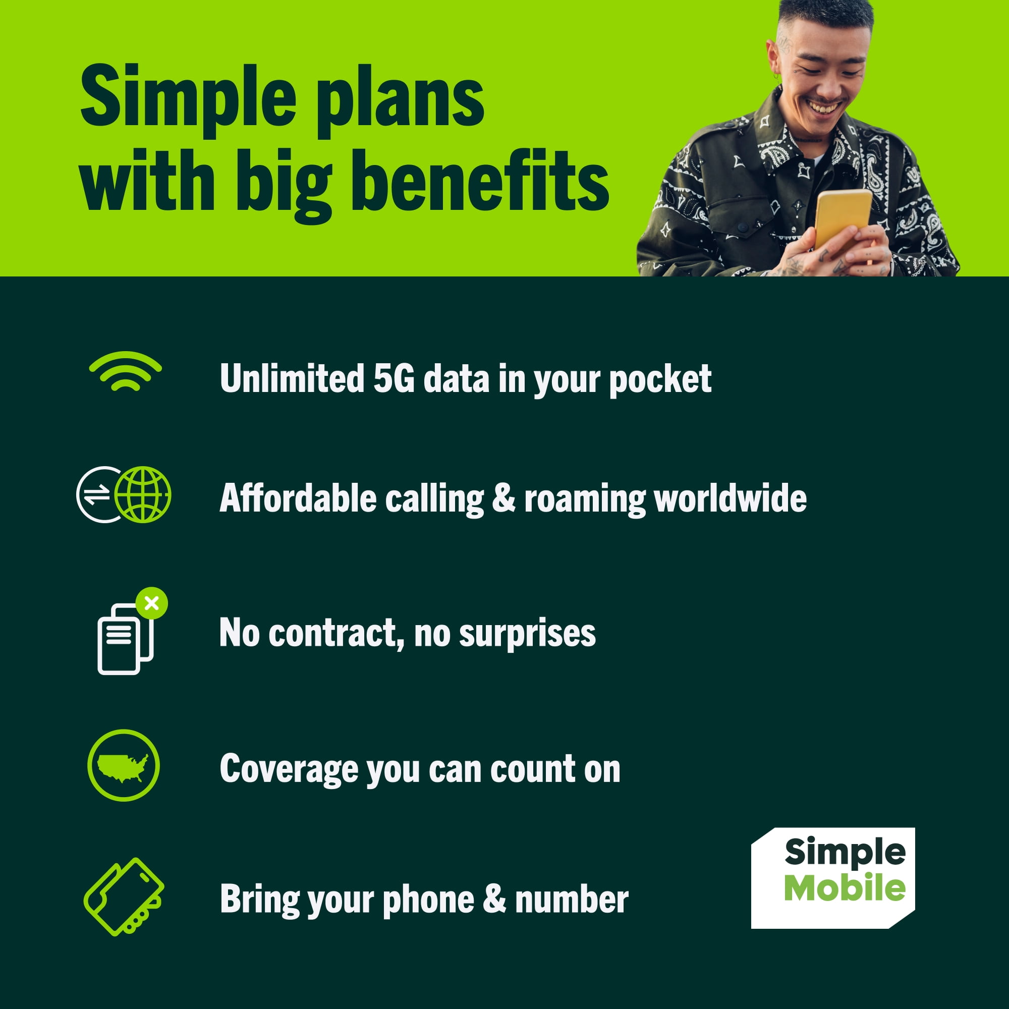 Simple Mobile $40 Unlimited Talk & text 30-Day Prepaid Plan (30GB at high speeds) + International Calling Credit Direct Top Up