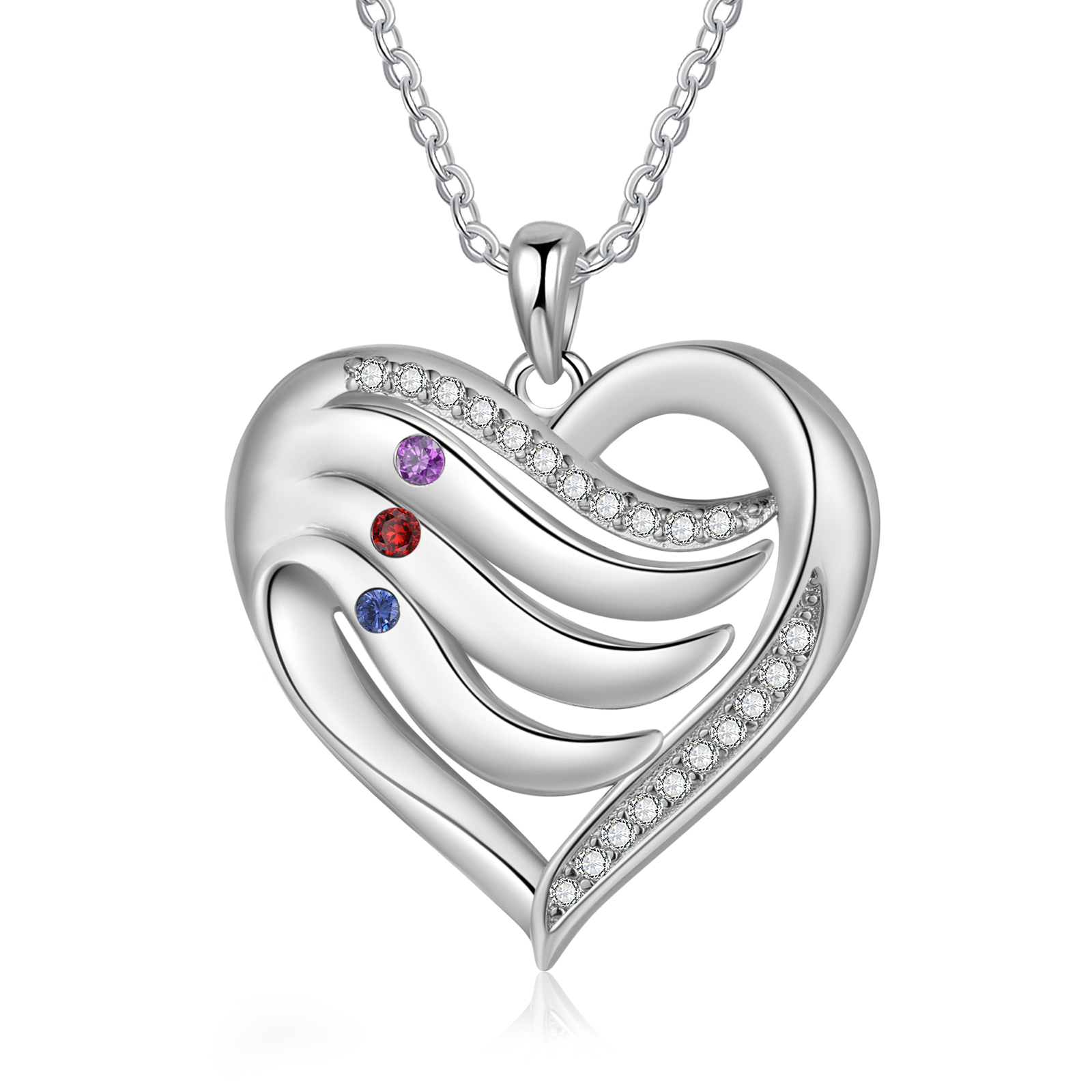 Mementos Personalized Family Mother's (Women's) Necklace Sterling Silver with 3 Birthstones Names