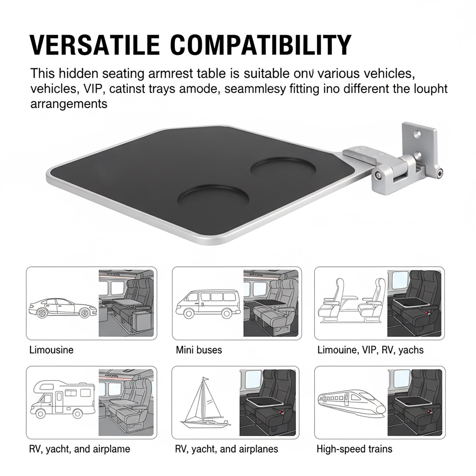 Aluminum Alloy Seat Armrest Folding Table,Left Mount Vehicle Seat Side Table,17.7 Inch Aluminum Alloy Bi-Fold Design for RV, Limo, Boat, Minibus