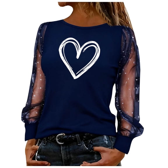 Valentines Shirts for Women Mesh Sequin Long Sleeve Love Heart Print Graphic T-Shirts Shiny Crewneck Pullover Tops (M, Navy)