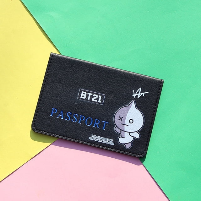 KPOP BTS BT21 Leather Passport Cover Clip Cartoon PU Protective Case Ticket Holder huangjie unisex