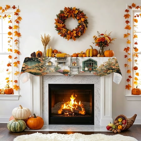 Pastoral Flowers Fireplace Mantel Scarf Orange Flower Pumpkin Farmhouse Mantel Scarf Scarves Fireplace Top Runner Cover for Holiday Party Home Decorations 70x17in
