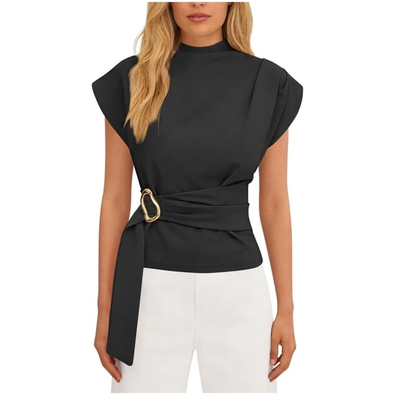 Htigea Womens Dressy Work Blouse Elegant Wrap V Neck Cap Sleeve Tops Trendy Office Business Shirts Summer T-Shirt Black S