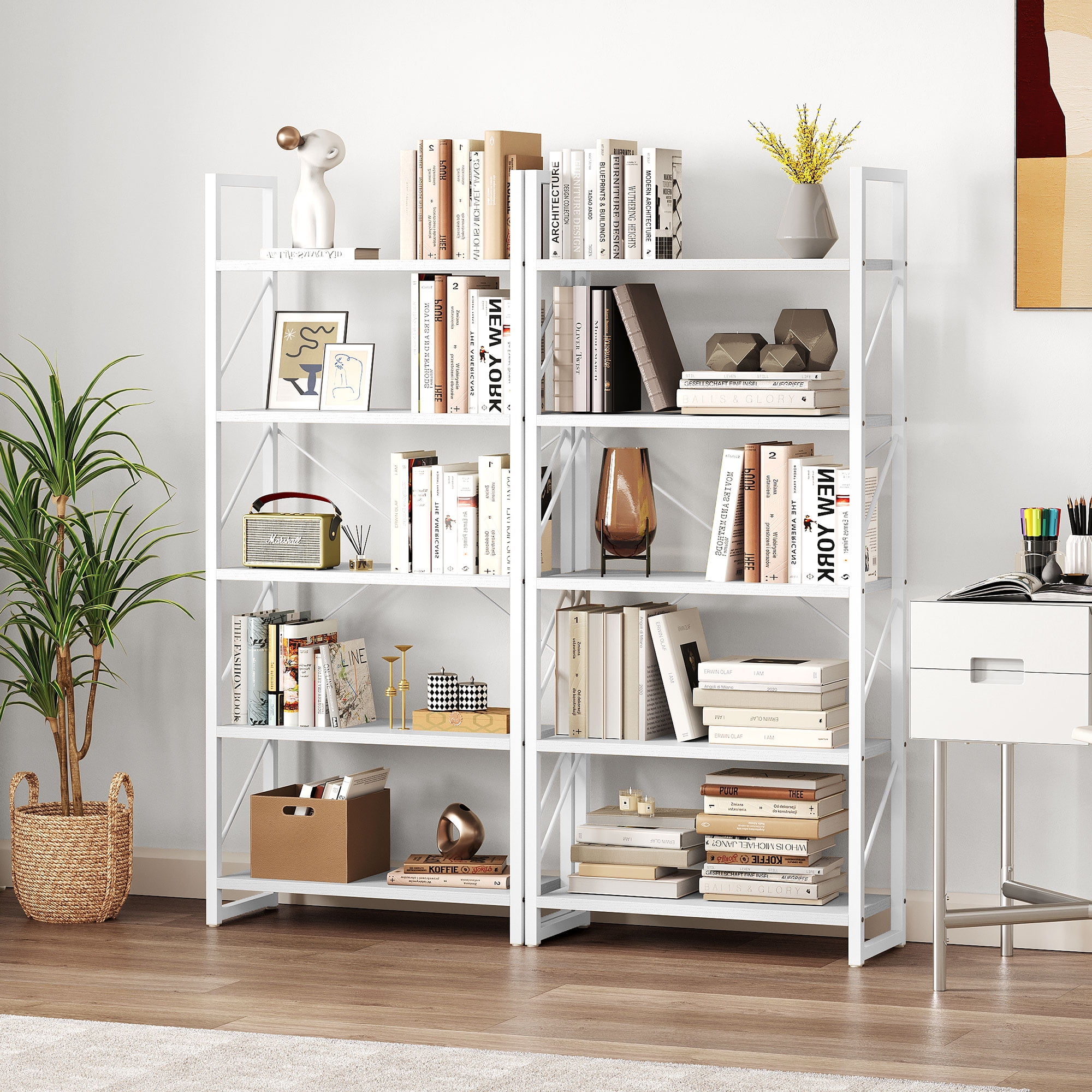 Wrightmaster Bookshelf, Ladder Shelf with Drawers, 5 Tier Tall Bookcase,  Modern Open Book Case for Bedroom, Living Room, Office, Natural in the  Freestanding Shelving Units department at