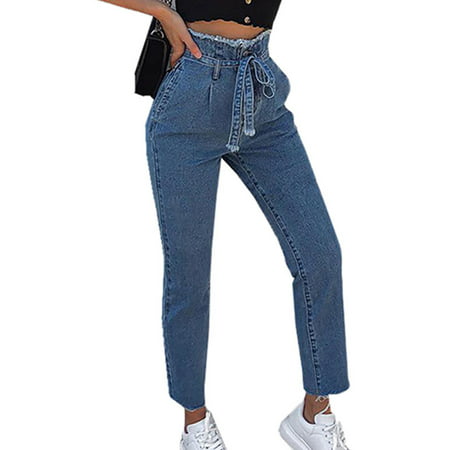 Womens Denim Jeans High Waist Stretchy Fit Drawstring Belt Pencil Trousers