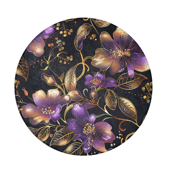BZSMCE Purple Gold Flower Gilded Pattern Round Fluffy Area Rug 32.2in Non-Slip Circular Shaggy Rug
