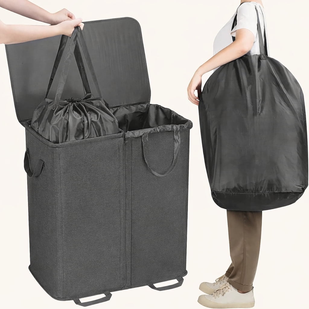 Norcho Double Laundry Hamper with Lid and Removable Bags, Large Collapsible 2-Divider Laundry Basket with Handles, 136L, Black