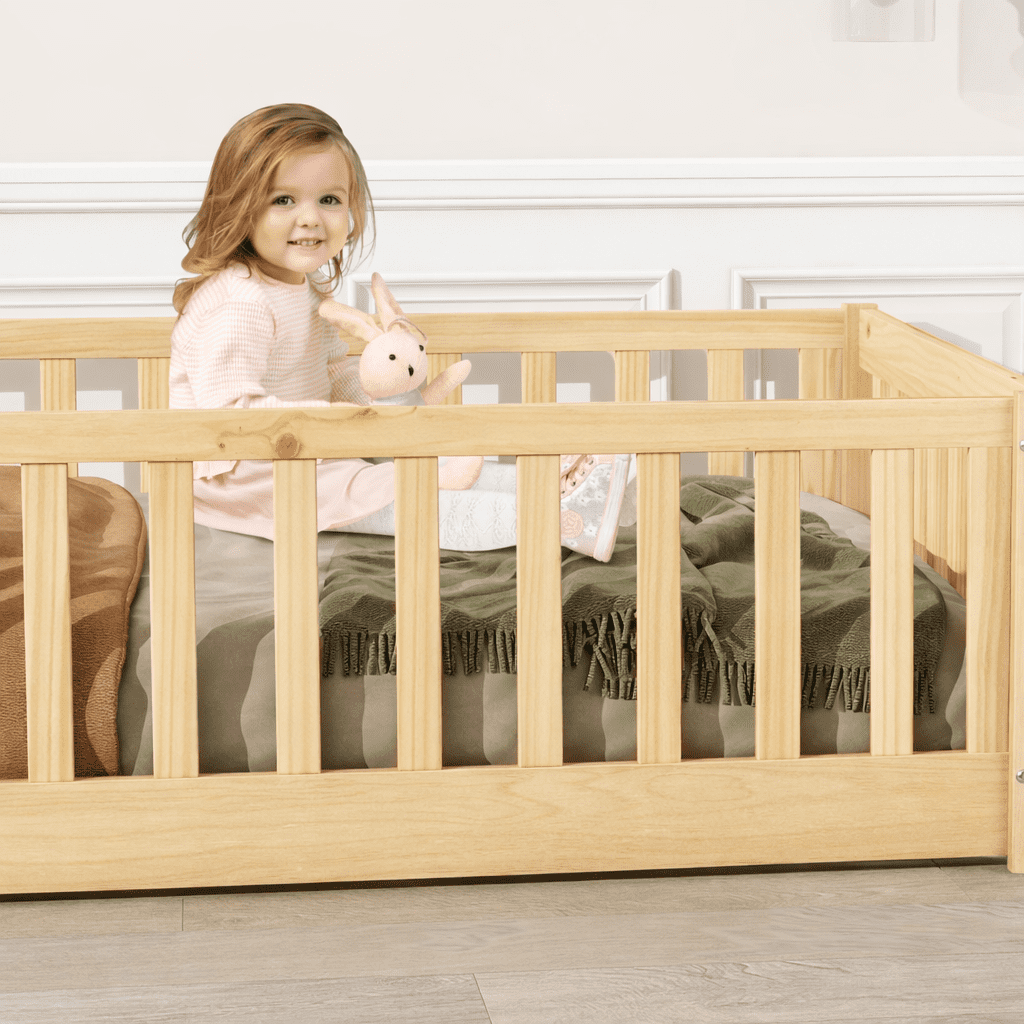 Twin Size Floor Bed with Door and Fence, UHOMEPRO Montessori Floor Bed with Slats and Safety Guardrails, Solid Wood Twin Bed Frame for Bedroom, Natural