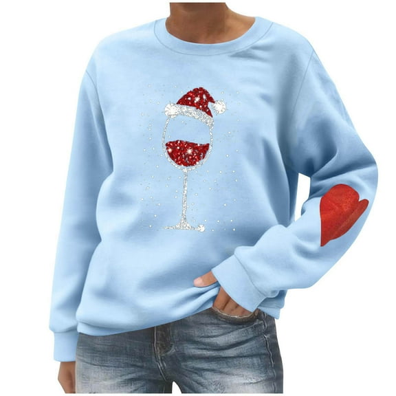 Christmas Sweatshirt Women Wine Glass Santa Hat Graphic Pullover Long Sleeve Casual Crewneck Holiday Tops