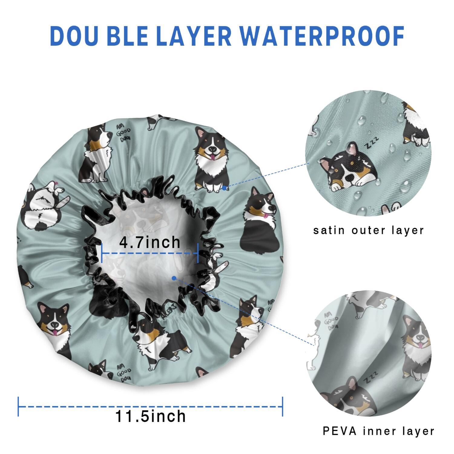 Shower Caps,Black Corgi Waterproof Shower Cap for Women 4 Pieces,Double Reusable Hair Cover for Shower PEVA Elastic Stretch Hem