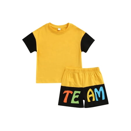 

Bebiullo Boys Summer Short Outfits Short Sleeve Patchwork Tops Letter Shorts Playwear Clothes Children s Sets Yellow 2-3 Years