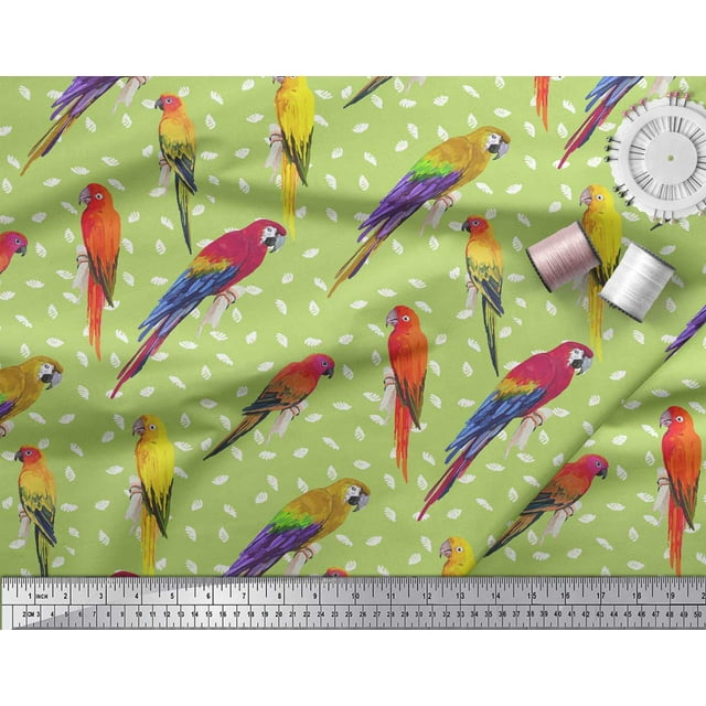 Soimoi Green Silk Fabric Macaw Parrot Bird Decor Fabric Printed Yard 44 Inch Wide