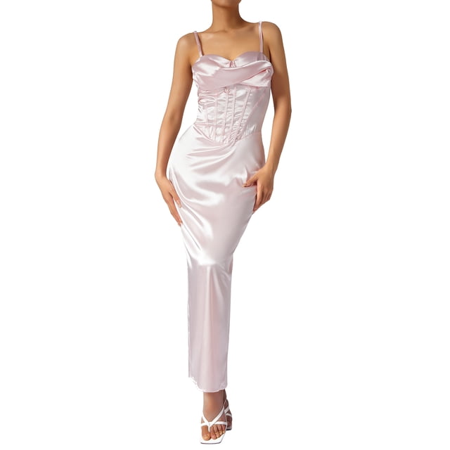 VISgogo Vestido largo ajustado de satén para mujer, sin mangas, correa de espagueti, cuello alto, color sólido, vestido de cóctel VISgogo moda