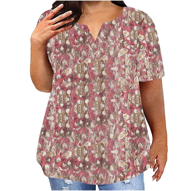 Camisetas Casuales de las Mujeres Largo Casual Impreso Cuello Redondo Suelto Top, Camiseta de Verano de Manga Corta