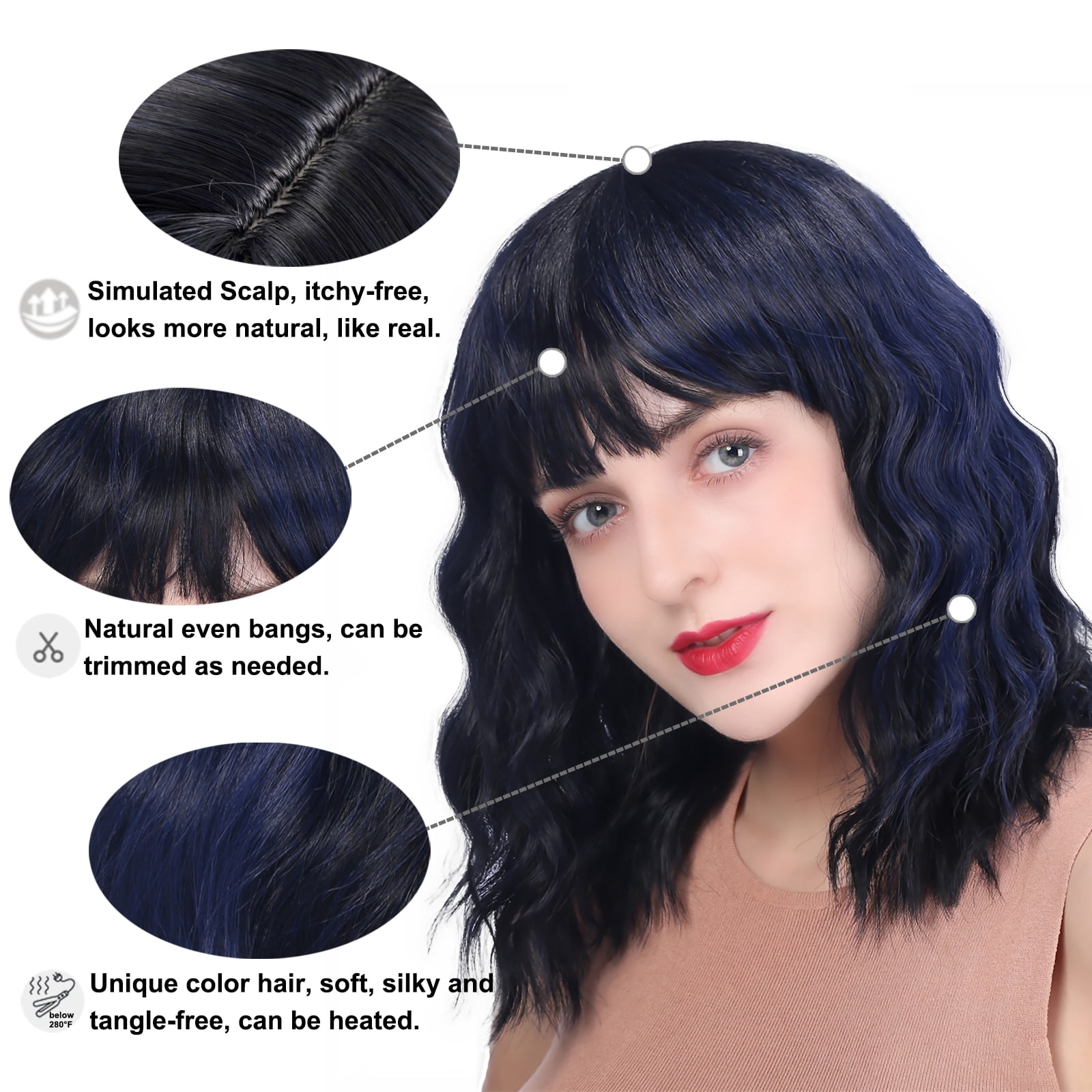 DAPRZIY Curly Bob Wig with Bangs 12 inch Short Wavy Black Mix Blue Wigs for Women Bang Wig Synthetic Wigs with Bangs