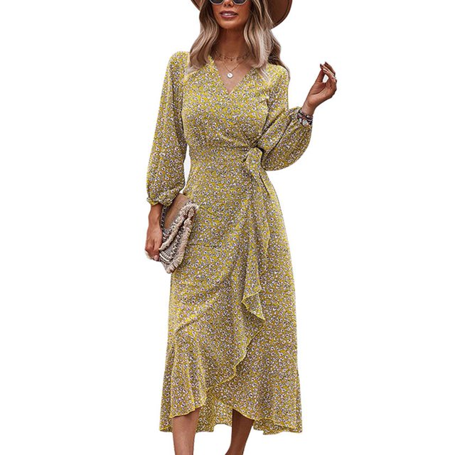 Vestido Largo Con Lazo En La Cintura, Elegante Puño Elástico, Linterna Transpirable, Manga Larga, Estampado De Flores, Vestido Largo Fluido, Cómodo Para El Trabajo ANGGREK Otros
