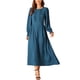 thumbnail image 2 of Vestido midi A-line con cuello redondo, mangas largas y volantes para mujer INSPIRE CHIC, con bolsillos, color azul pavo real M, 2 of 5