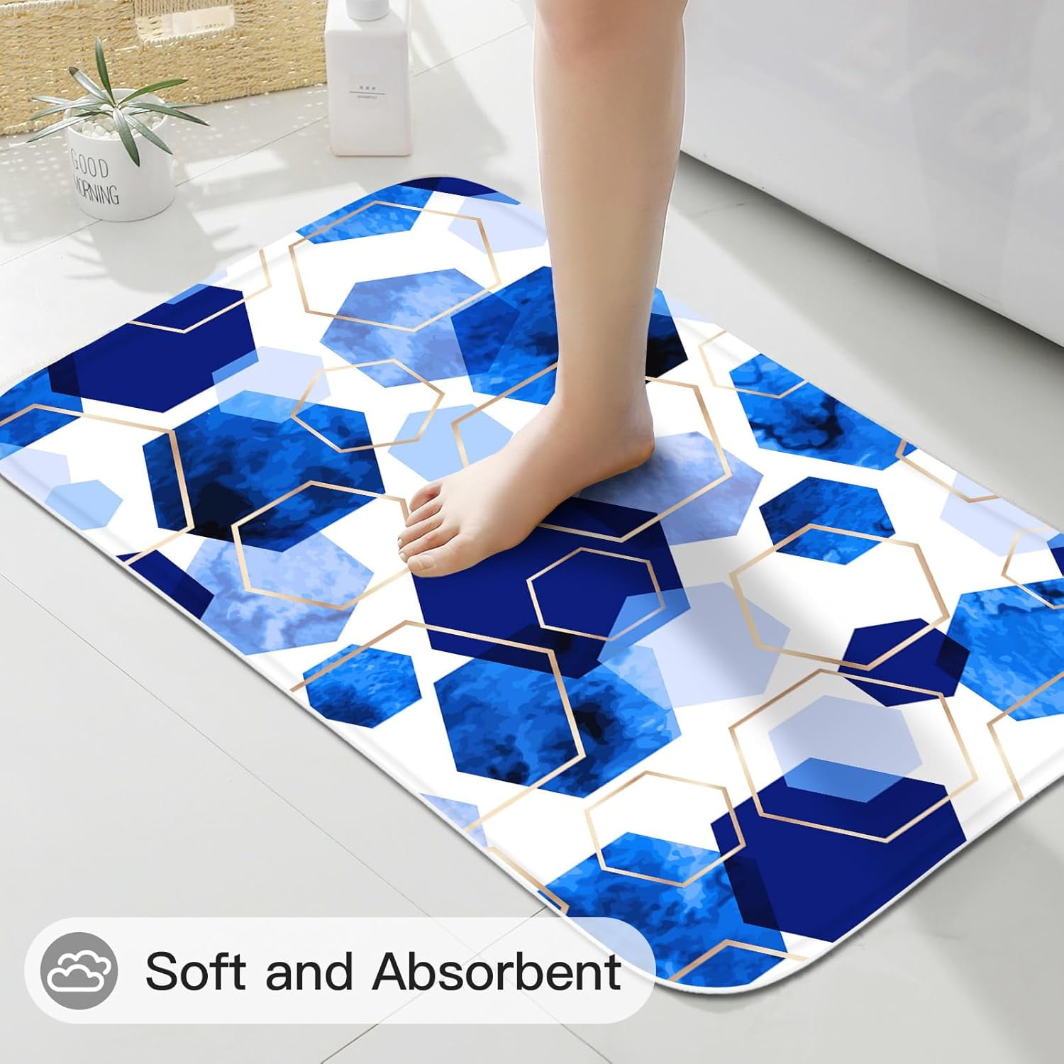 4 Pcs Royal Blue Modern Geometric Shower Curtain Set with Non-Slip Rugs, Toilet Lid Cover and Bath Mat, Abstract Bathroom Decor Set with Shower Curtain and Rugs